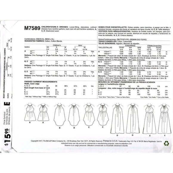 McCall's M7589 Girls XS to S Learn to Sew Pillowcase Dresses Sewing Pattern - Picture 2 of 2